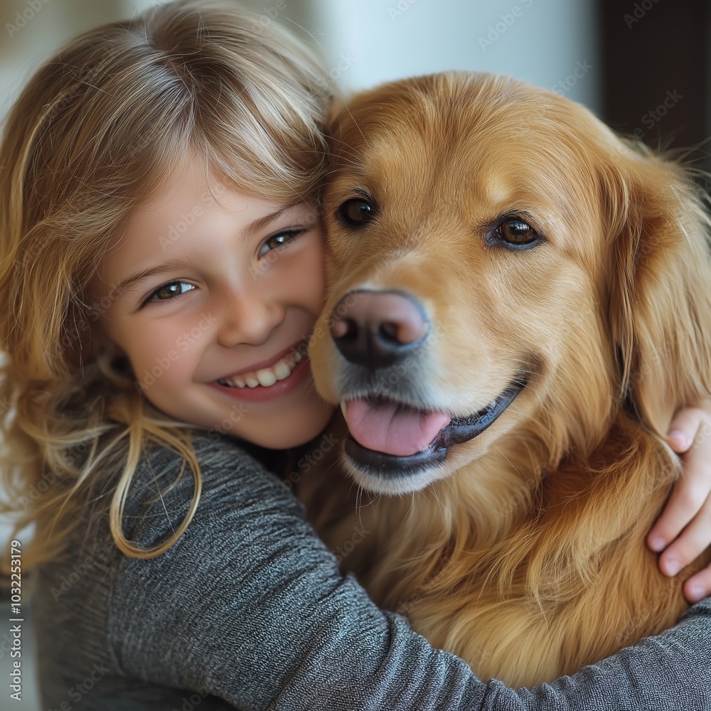 A smiling child hugs a cheerful golden retriever, capturing a moment of happiness and companionship. A smiling child hugs a cheerful golden retriever, capturing a moment of happiness and companionship.