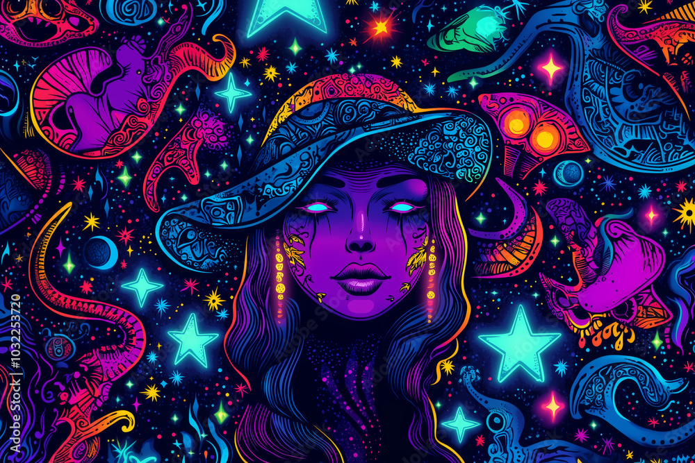 Abstract mystical card or banner with glowing neon silhouettes of a witch, creatures, stars, moon Abstract mystical card or banner with glowing neon silhouettes of a witch, creatures, stars, moon