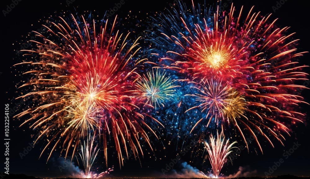 Explosions of red, blue, and golden fireworks bloom in the night sky, their brilliant trails spreading outward like stars. The vibrant and radiant colors make the scene feel joyful, dynamic Explosions of red, blue, and golden fireworks bloom in the night sky, their brilliant trails spreading outward like stars. The vibrant and radiant colors make the scene feel joyful, dynamic