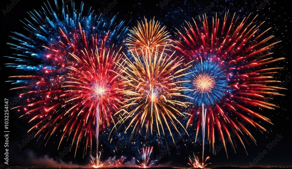Explosions of red, blue, and golden fireworks bloom in the night sky, their brilliant trails spreading outward like stars. The vibrant and radiant colors make the scene feel joyful, dynamic Explosions of red, blue, and golden fireworks bloom in the night sky, their brilliant trails spreading outward like stars. The vibrant and radiant colors make the scene feel joyful, dynamic