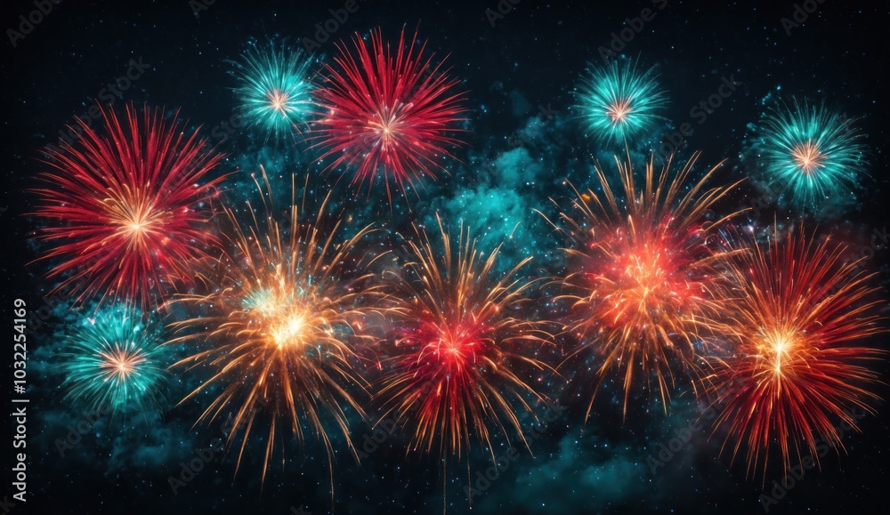 Explosions of red, blue, and golden fireworks bloom in the night sky, their brilliant trails spreading outward like stars. The vibrant and radiant colors make the scene feel joyful, dynamic Explosions of red, blue, and golden fireworks bloom in the night sky, their brilliant trails spreading outward like stars. The vibrant and radiant colors make the scene feel joyful, dynamic