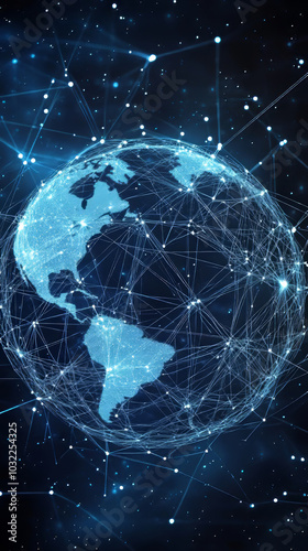 digital representation of Earth with network of interconnected nodes forming globe, illustrating global connectivity and data exchange in starry space background.