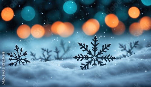 Close-up of sparkling snowflakes resting on fresh snow, their fine details enhanced by the glowing bokeh lights in the background. The scene evokes a sense of winter magic and festive wonder.