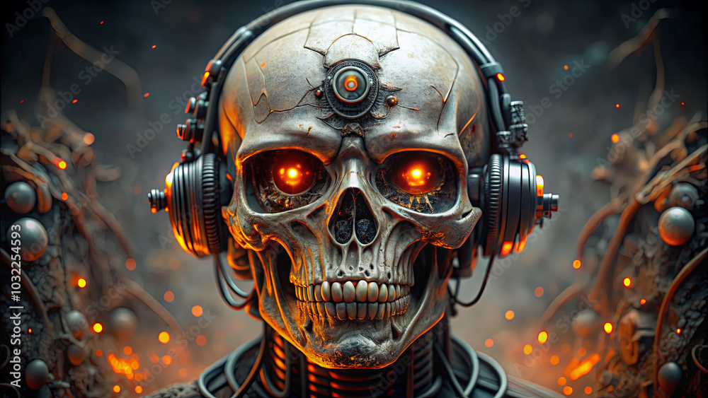A detailed skull with glowing orange eyes wears large headphones, surrounded by intricate cybernetic components, exuding a dark, futuristic atmosphere in a dim environment A detailed skull with glowing orange eyes wears large headphones, surrounded by intricate cybernetic components, exuding a dark, futuristic atmosphere in a dim environment