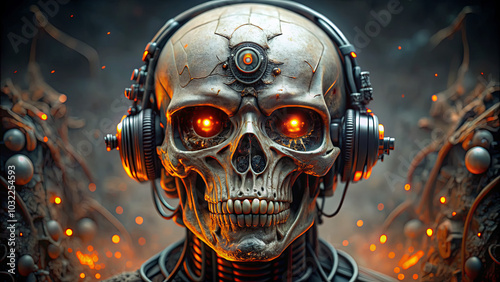 A detailed skull with glowing orange eyes wears large headphones, surrounded by intricate cybernetic components, exuding a dark, futuristic atmosphere in a dim environment