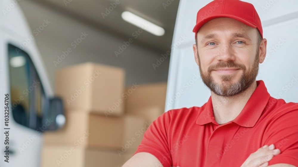 A smiling delivery man in a red shirt and hat stands near a white van with cardboard boxes at work. A smiling delivery man in a red shirt and hat stands near a white van with cardboard boxes at work.