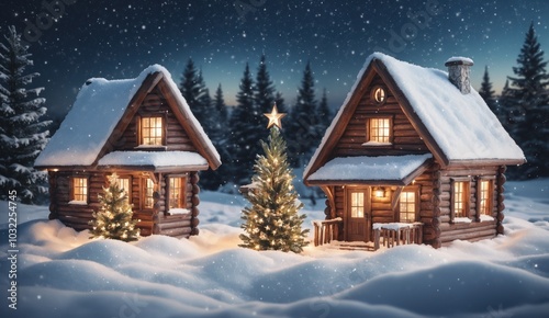 In a peaceful winter forest, two wooden cabins are nestled side by side, their roofs blanketed in snow. Warm window lights and a festive wreath on the door evoke holiday charm and coziness.