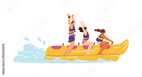 Friends ride on an inflatable banana boat.