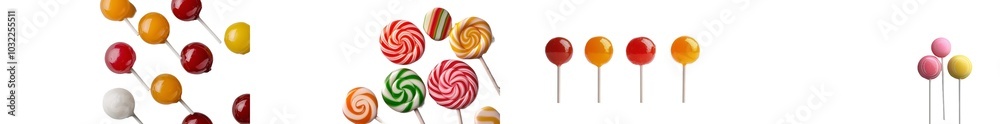 Isolated on white background are colorful lollipops and candy Isolated on white background are colorful lollipops and candy