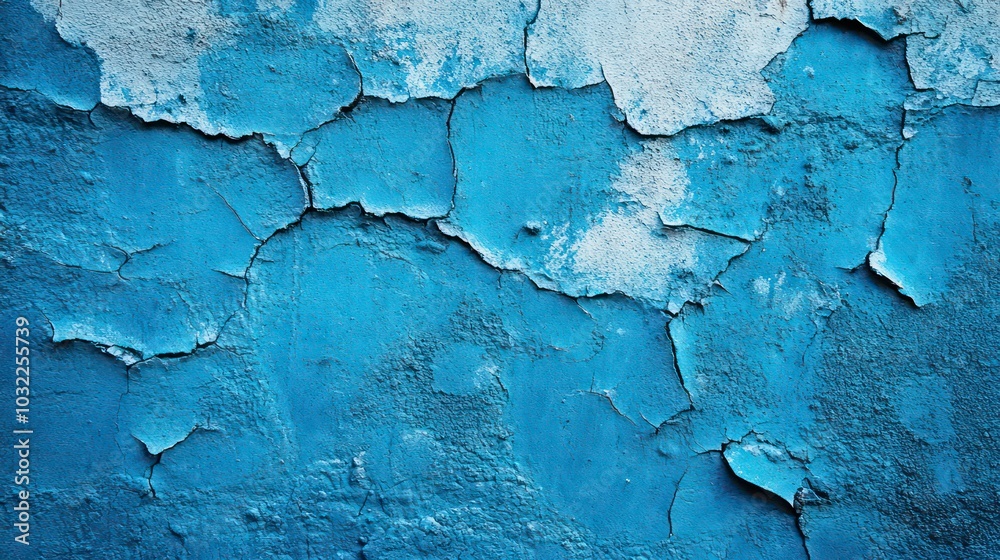Obraz premium Close-up of a weathered blue wall with peeling paint, showing cracks and texture.