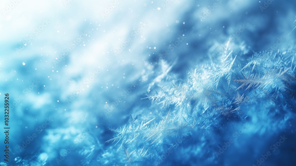 Delicate snowflakes create a serene blue winter landscape, evoking tranquility and beauty.