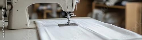 Sewing machine in use with fabric, focused on needle and thread, capturing the art of sewing.