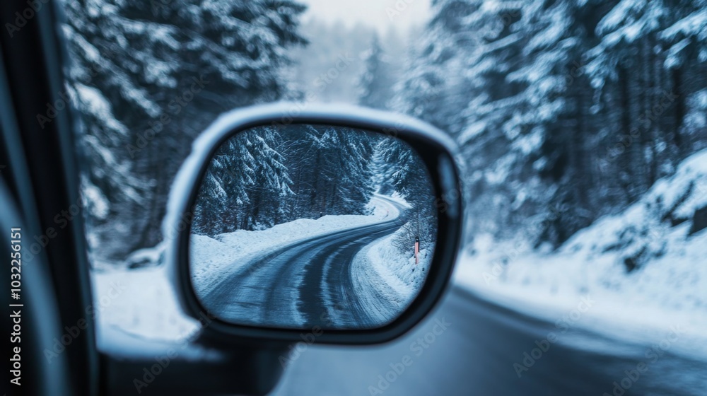 A view of a winding road surrounded by snowy trees is reflected in a car's side mirror, showcasing the winter landscape. The serene environment highlights the beauty of a snowy day. A view of a winding road surrounded by snowy trees is reflected in a car's side mirror, showcasing the winter landscape. The serene environment highlights the beauty of a snowy day.