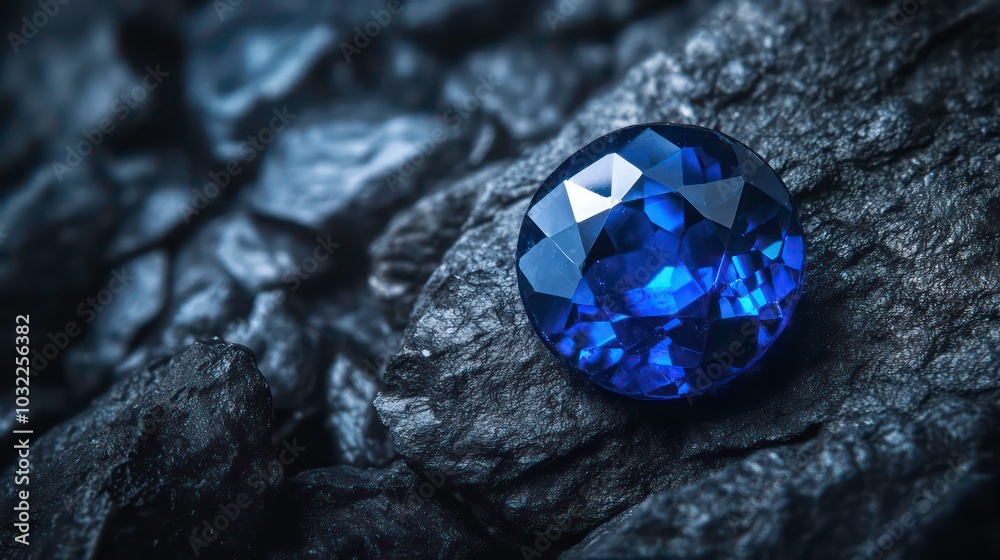 A large blue sapphire gemstone sits on a bed of rough, dark gray rock. A large blue sapphire gemstone sits on a bed of rough, dark gray rock.