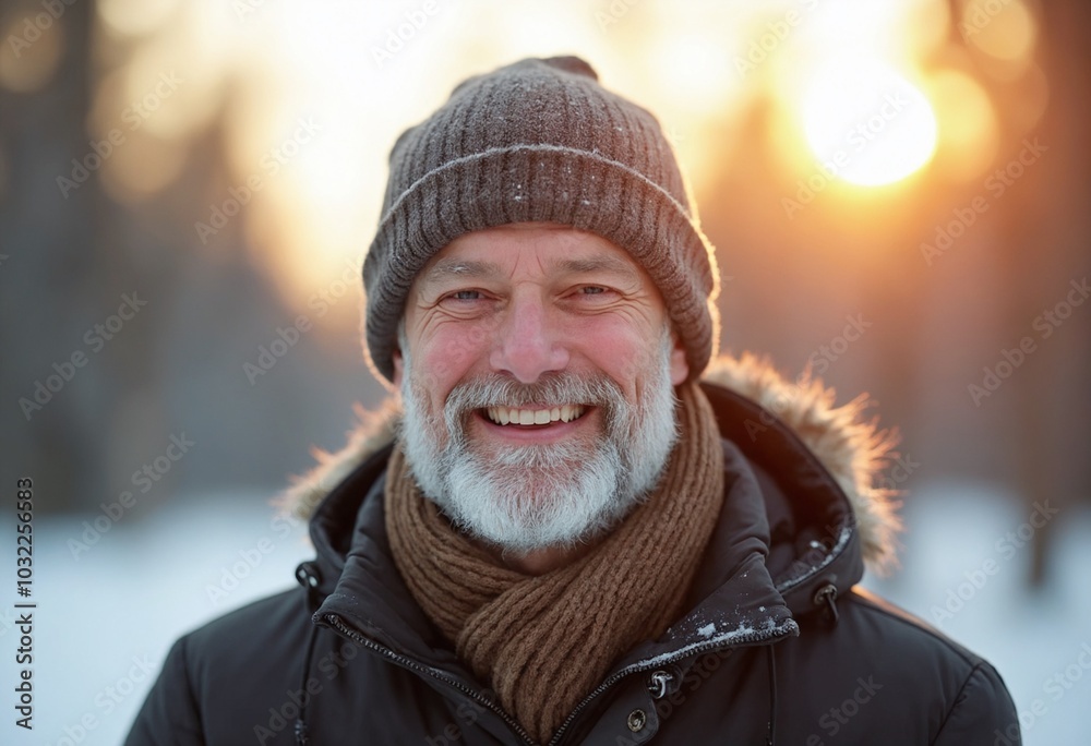 Portrait of Smiling senior man In Winter, warm backlight, copy space on a side Portrait of Smiling senior man In Winter, warm backlight, copy space on a side