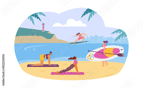 Vector illustration with leisure on the beach: doing yoga, surfing and carrying sup