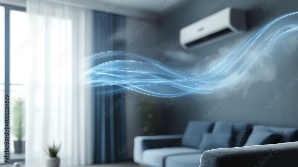 Modern air conditioner unit blowing cool air in a living room with blue sofa and white curtains. Modern air conditioner unit blowing cool air in a living room with blue sofa and white curtains.