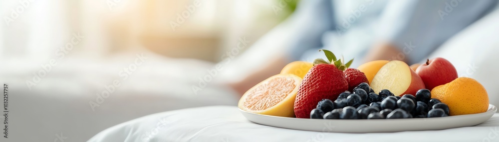 Fresh assorted fruits on a white plate in a cozy bedroom setting, featuring vibrant strawberries, blueberries, and citrus for a healthy snack. Fresh assorted fruits on a white plate in a cozy bedroom setting, featuring vibrant strawberries, blueberries, and citrus for a healthy snack.