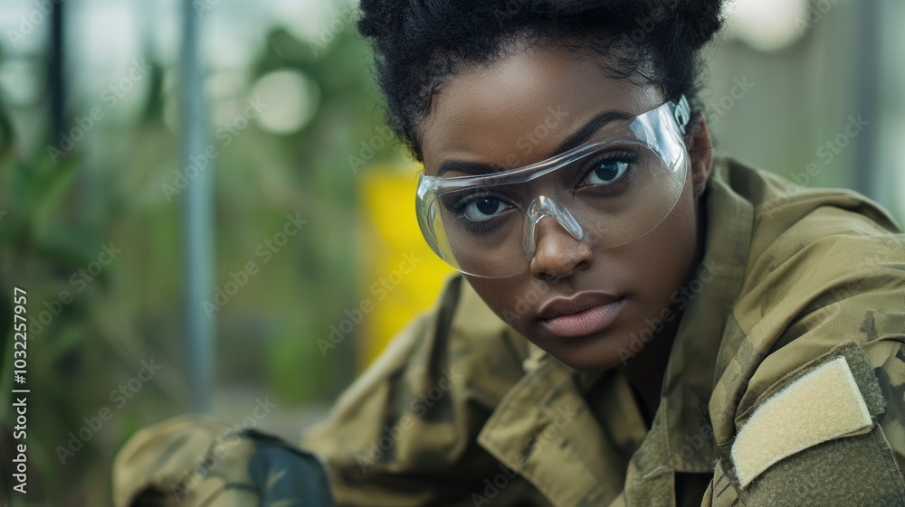 A close-up of a female soldier in tactical gear and protective goggles, focused and ready for action during an outdoor mission, showcasing determination and preparedness. A close-up of a female soldier in tactical gear and protective goggles, focused and ready for action during an outdoor mission, showcasing determination and preparedness.