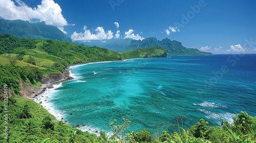 A panoramic view of a beautiful tropical beach with clear turquoise water, white sand, and lush green vegetation.