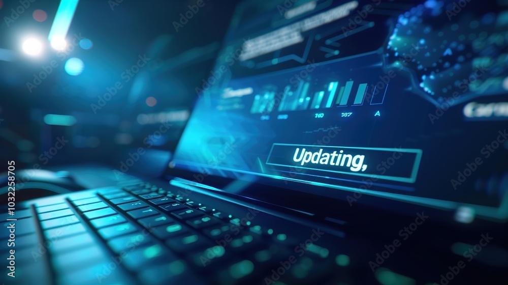 Close-Up of Computer Screen with Updating Progress Bar and Faint Keyboard and Mouse, Depicting Modern Technology and Digital Transformation Close-Up of Computer Screen with Updating Progress Bar and Faint Keyboard and Mouse, Depicting Modern Technology and Digital Transformation
