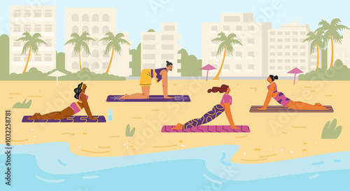 People doing yoga on mats at the beach.