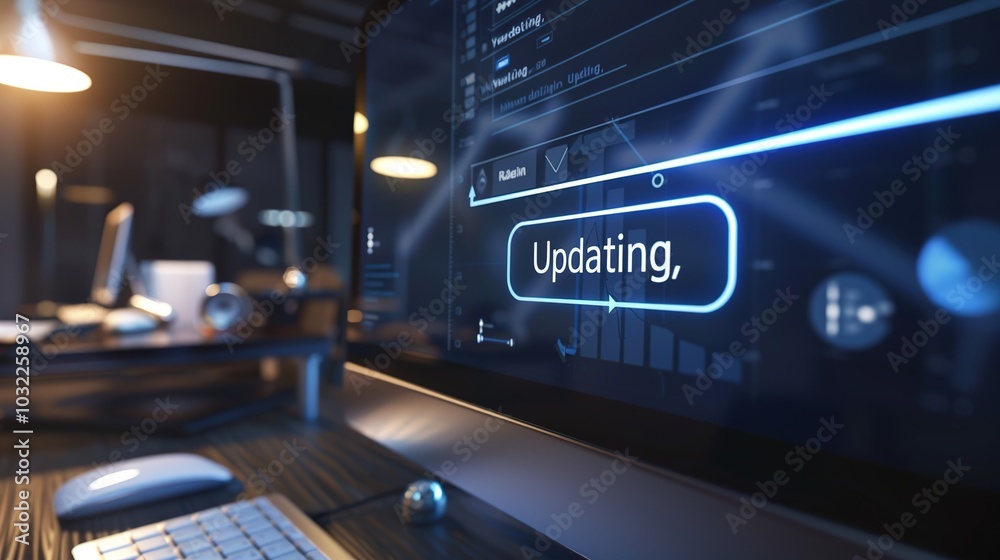 Close-Up of Computer Screen with Updating Progress Bar and Faint Keyboard and Mouse, Depicting Modern Technology and Digital Transformation Close-Up of Computer Screen with Updating Progress Bar and Faint Keyboard and Mouse, Depicting Modern Technology and Digital Transformation