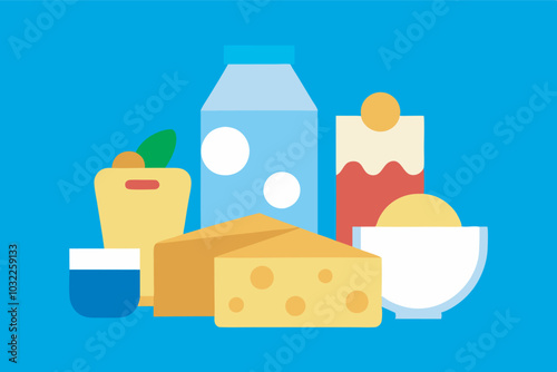 Various dairy products artfully arranged on a blue background create a visually appealing composition. Includes cheese, yogurt, milk, eggs, and butter with a playful touch of a bitten apple.