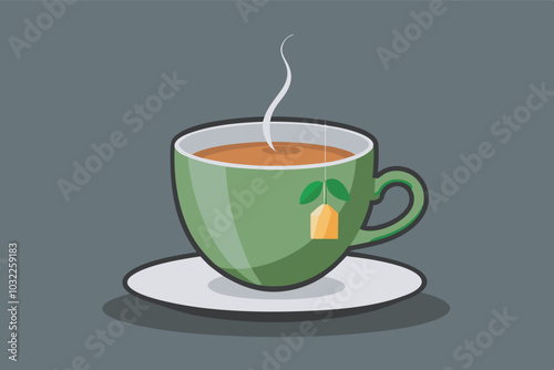 Steaming green teacup on grey saucer with tea bag string. Warm, inviting vibe in desaturated background.
