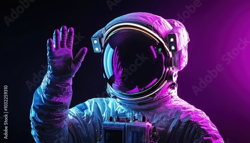 A cheerful astronaut waves with a smile against a vibrant space backdrop, showcasing technology and adventure in a stunning visual display.