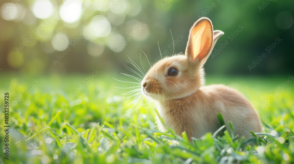 Fototapeta premium Cute little bunny sitting in green grass under bright sunlight looking away in a spring setting