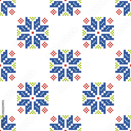 Cross Stitch,embroidery seamless.Geometric pixel ethnic patterns. American, Mexican,African, mediterranean, nordic,Aztec style. Trendy folk art background design for products, fabric, print,decorate.
