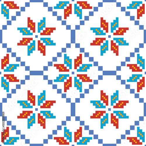 Cross Stitch,embroidery seamless.Geometric pixel ethnic patterns. American, Mexican,African, mediterranean, nordic,Aztec style. Trendy folk art background design for products, fabric, print,decorate.