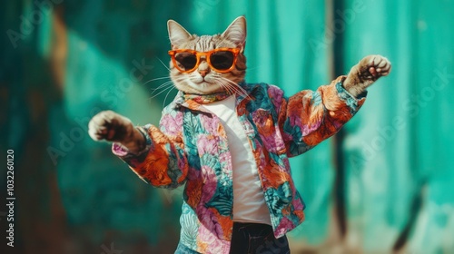 A tabby cat wearing sunglasses and a colorful Hawaiian shirt dances against a teal background.