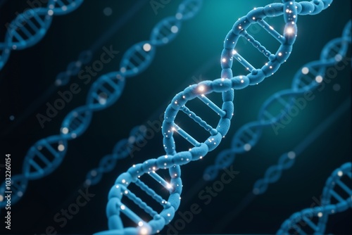 An extreme closeup image of a DNA strand against a dark blue background