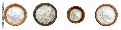 Isolated on a white background, white powder in a wooden bowl.