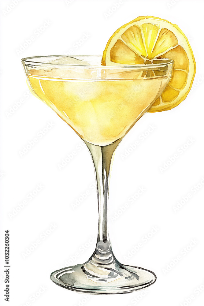 Red Daiquiri cocktail with a slice of lemon drawn in watercolor. Red Daiquiri cocktail with a slice of lemon drawn in watercolor.