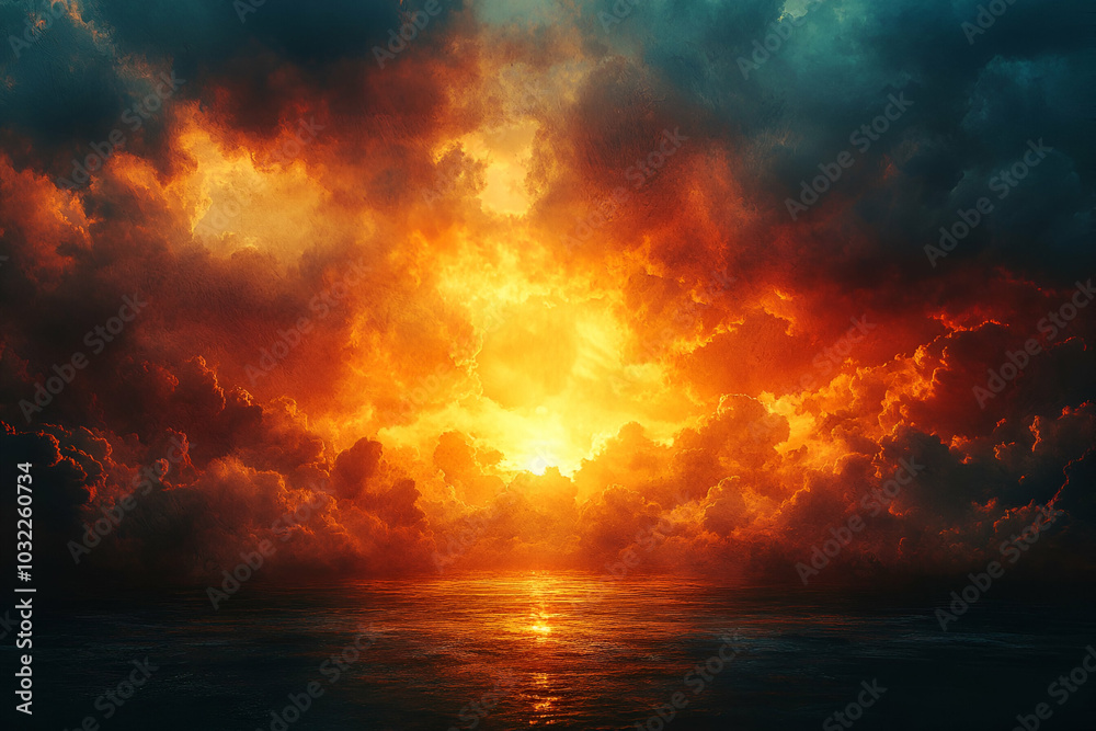 A dramatic sunset illuminates a sky filled with dark clouds, blending fiery oranges and yellows with deep blues and greens over a calm sea. A dramatic sunset illuminates a sky filled with dark clouds, blending fiery oranges and yellows with deep blues and greens over a calm sea.