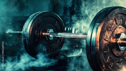 A close-up of a barbell with weight plates, surrounded by smoke.