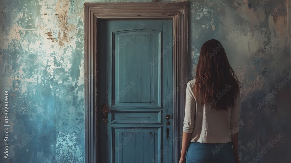 Fototapeta premium Disheartened Person Stands Before a Closed Door Key in Hand