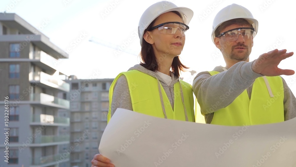 Man and woman architects or engineers wearing safety hard hats and vests holding blueprint and discussing something on construction site at sunrise, front view. Architecture and engineering concepts Man and woman architects or engineers wearing safety hard hats and vests holding blueprint and discussing something on construction site at sunrise, front view. Architecture and engineering concepts