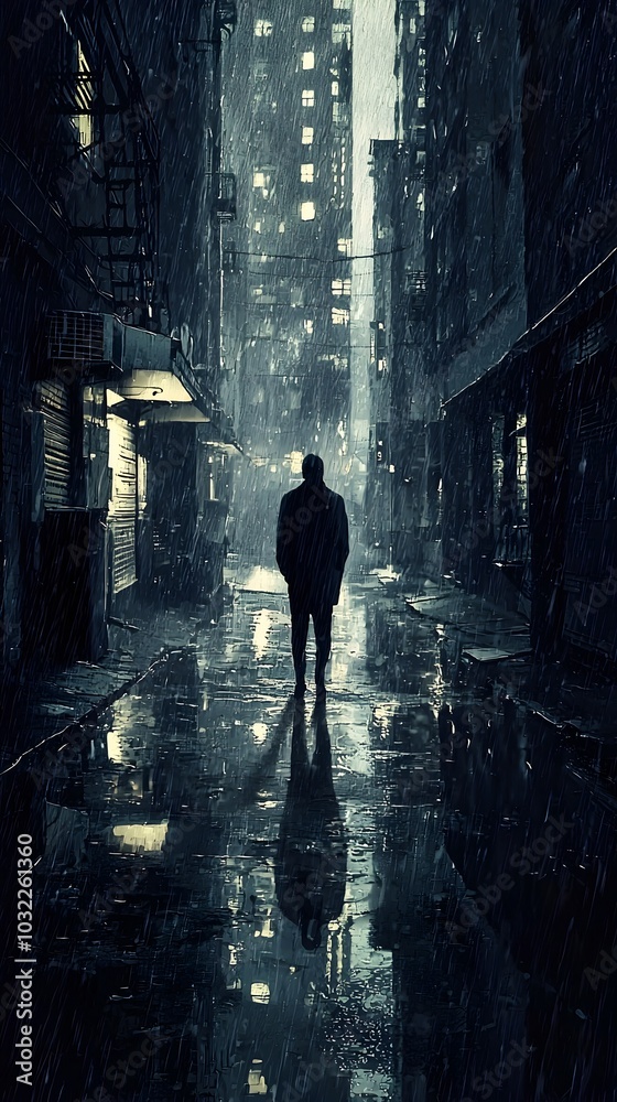 A solitary figure walking down a shadowy alleyway in the rain reflecting the city s gloom A solitary figure walking down a shadowy alleyway in the rain reflecting the city s gloom