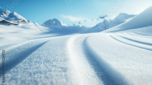 Pristine Swiss Alps Ski Slopes: Fresh Powder, Crisscrossing Tracks, and Ski Lifts Under a Clear Blue Sky. Ultra-Realistic Photography with Distant Chalets for Scale.