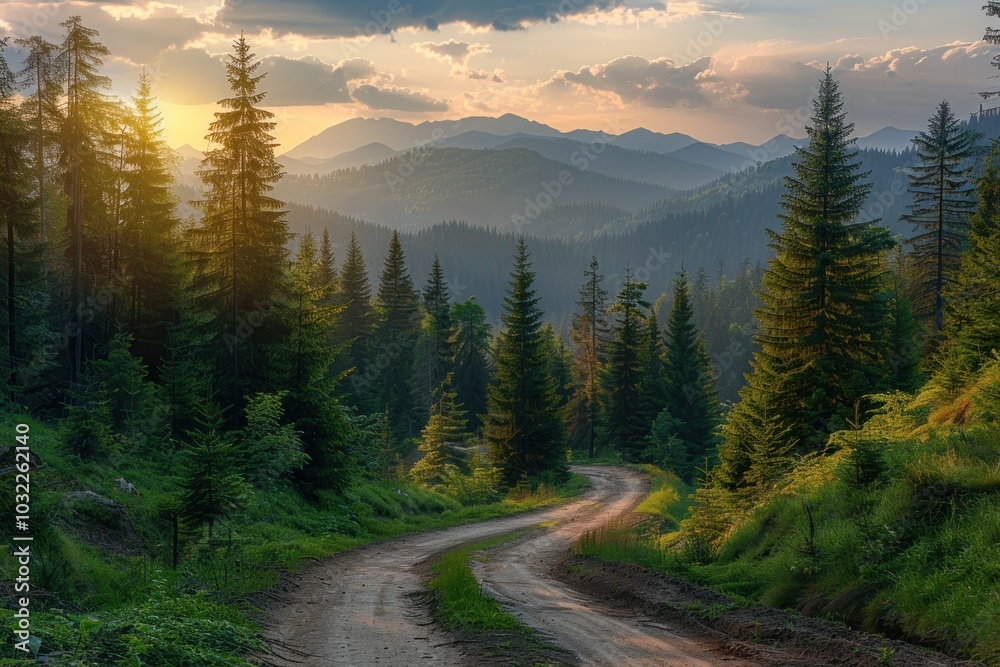 Aerial top view, mountaint road in dark green forest, Aerial top view, mountaint road in dark green forest,