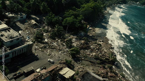 Aerial view of coastal town after hurricane, with uprooted trees, collapsed buildings, and debris scattered across streets, capturing the aftermath of natural disaster.