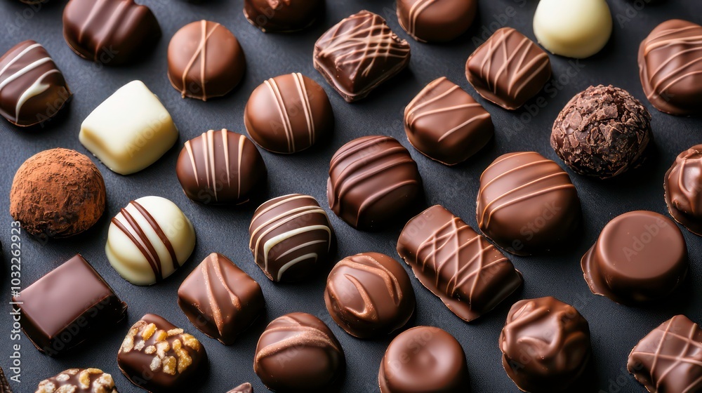 A variety of gourmet chocolates arranged on a dark background. A variety of gourmet chocolates arranged on a dark background.
