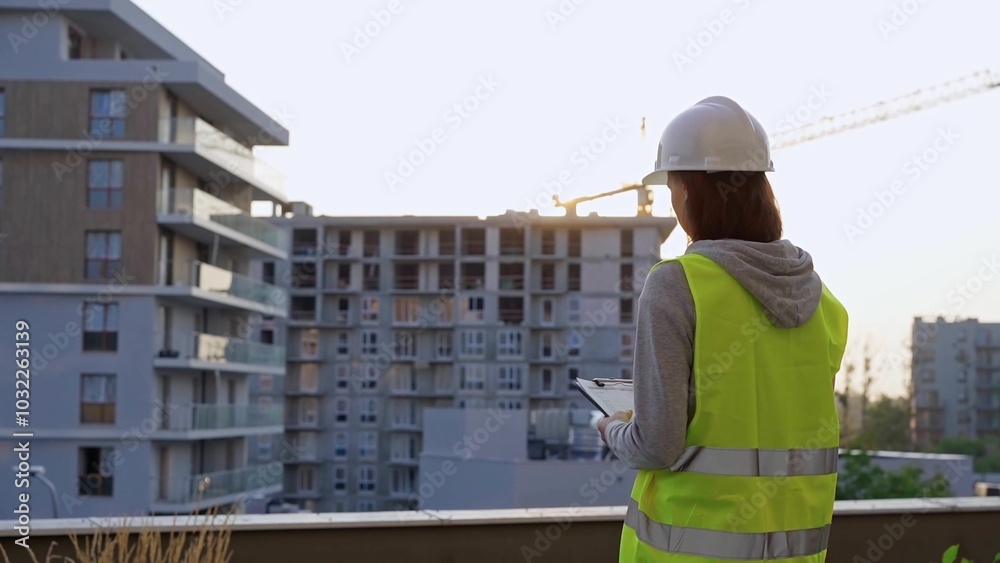 Construction female engineer taking notes and writing on clipboard while inspecting a building site at sunset Construction female engineer taking notes and writing on clipboard while inspecting a building site at sunset