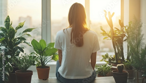 A woman sits in front of a window with potted plants