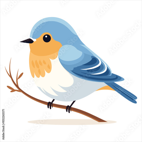 Cute Cartoon Bluebird Illustration - Adorable Bird on Branch in Vector Style for Nature and Kids Designs photo
