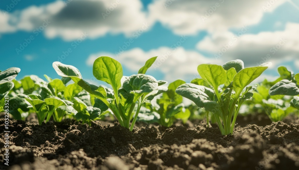 Spinach field with bright blue sky
